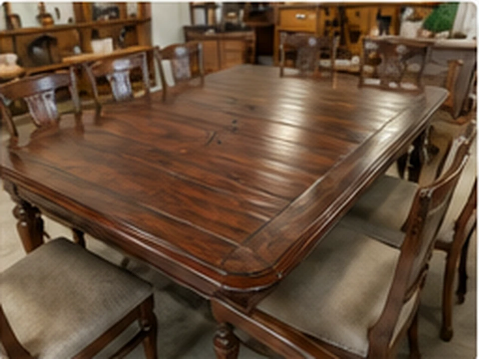 A refinished wooden dining table with a polished surface