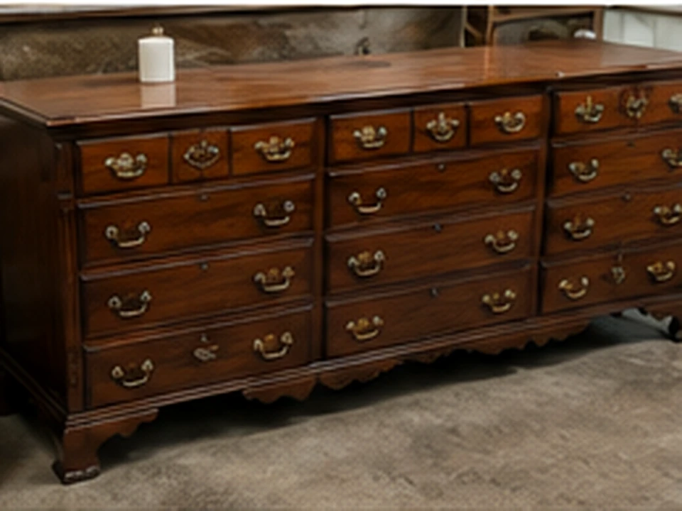 A restored wooden dresser with multiple drawers