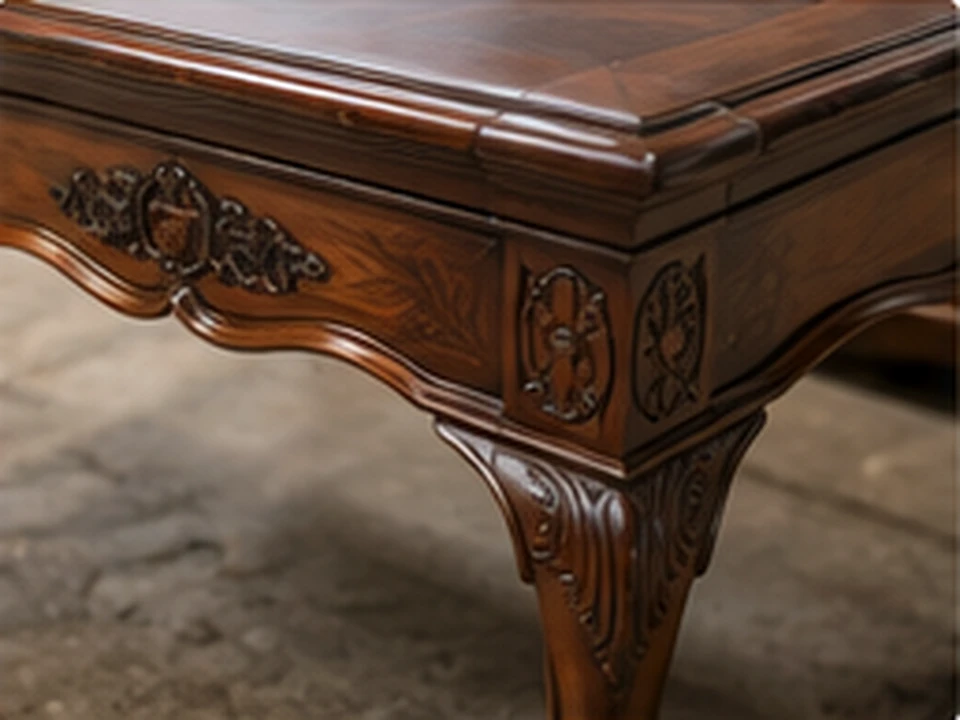 Close view of polished carved woodwork on a table