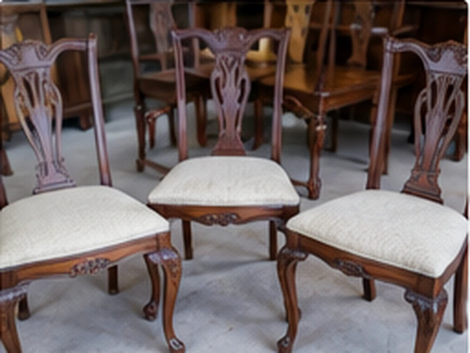 A group of repaired wooden dining chairs