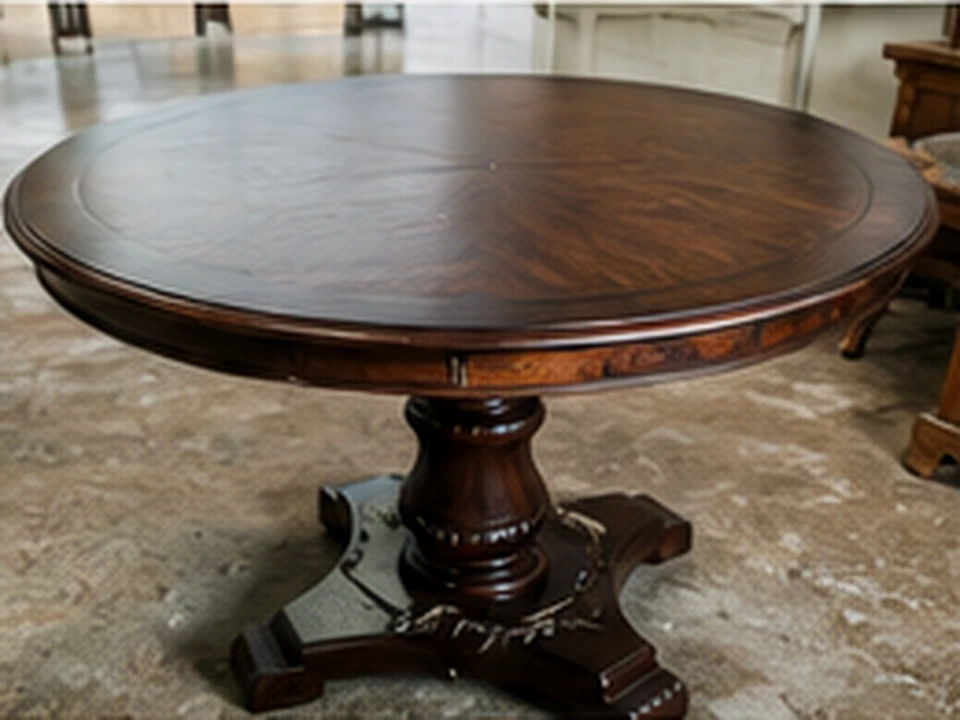 A refinished round pedestal table