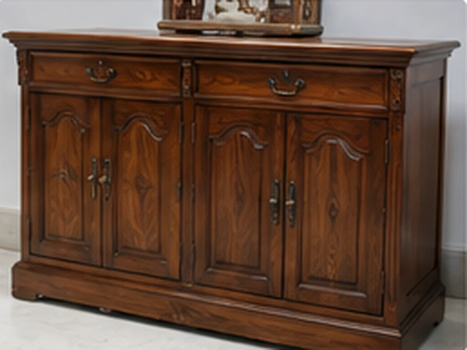 A restored wooden cabinet with paneled doors
