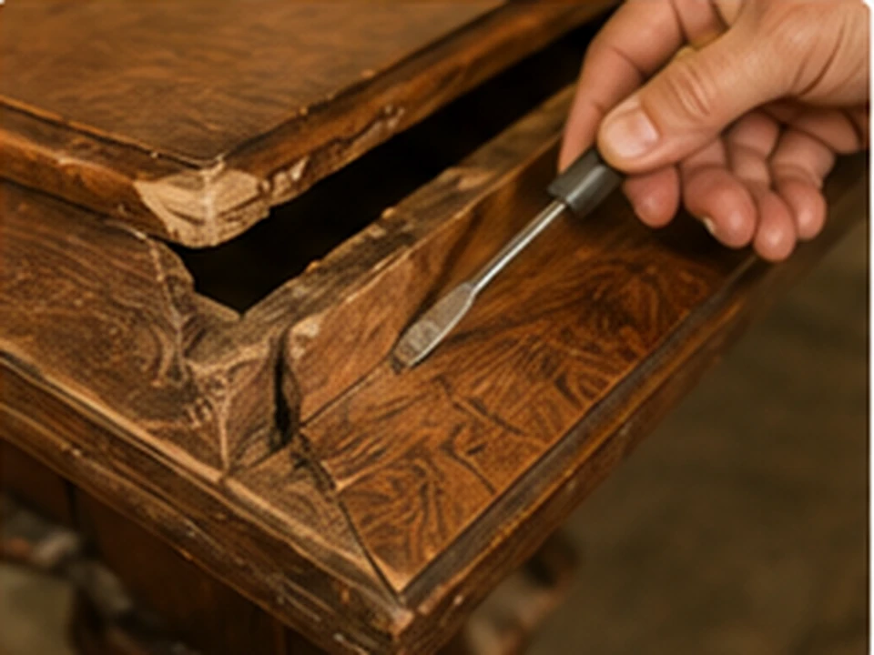A craftsperson repairing damaged wood veneer by hand