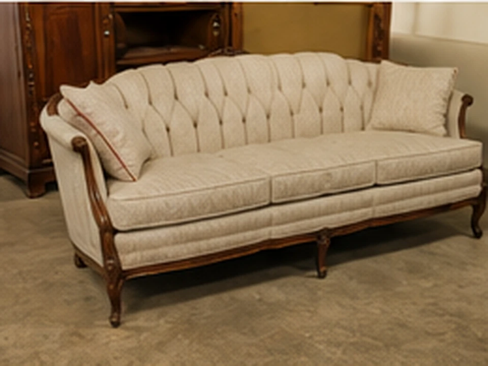 A cream upholstered vintage sofa after renewal