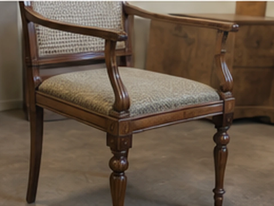 A restored wooden armchair with patterned upholstery